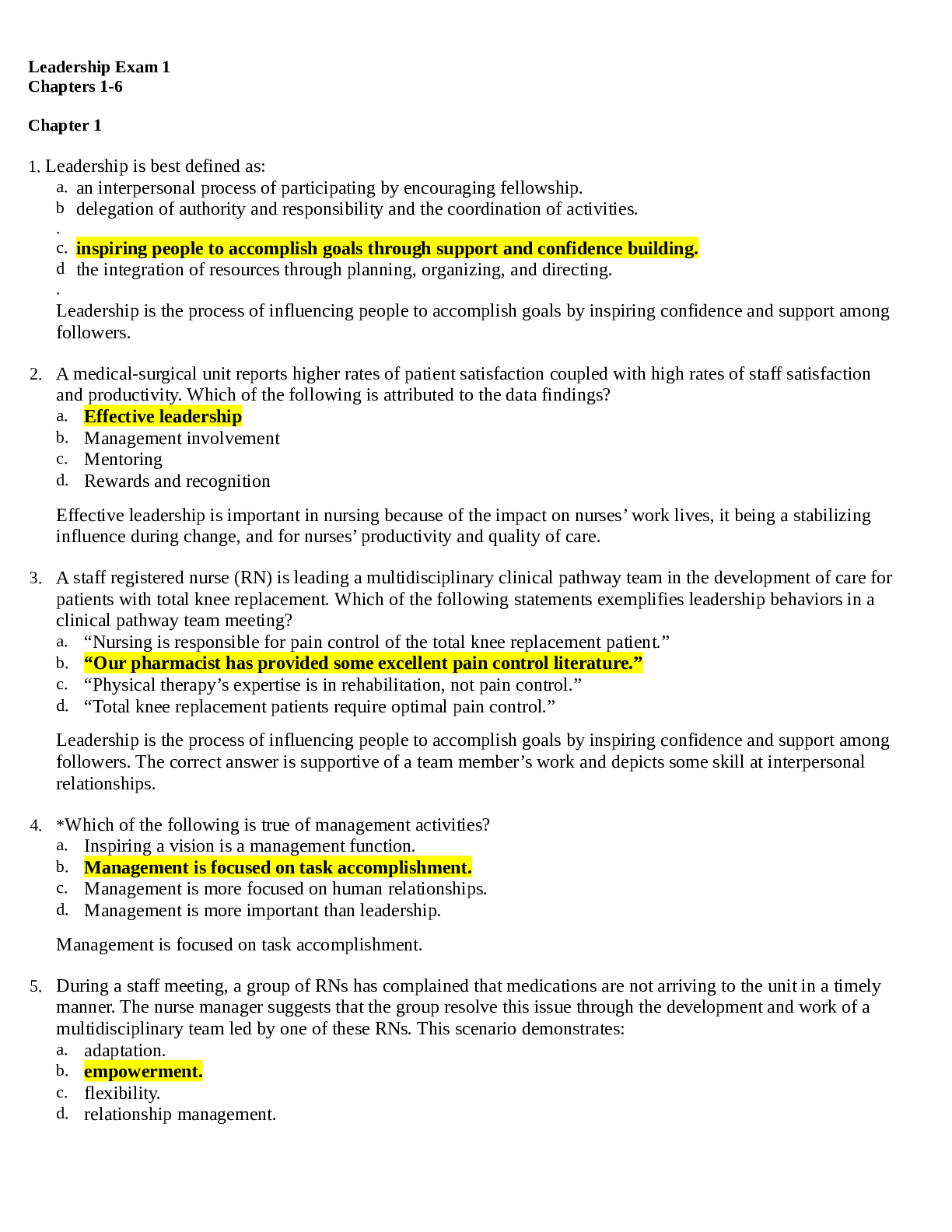 Preview of NUR 1211 Leadership Exam 1 and Exam 2 QUESTIONS WITH CORRECT ANSWERS AND quiz 2 Answered